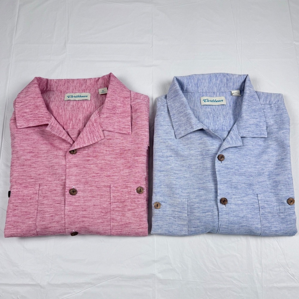 Caribbean Mens XL Short Sleeve Button Down Shirt Lot 2 Red Blue Knit Casual